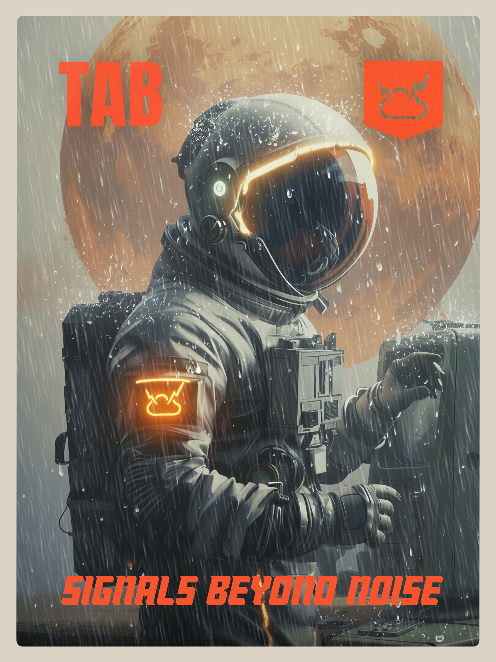 The Altitude Bulletin brand poster featuring an astronaut standing in heavy rain beneath a large orange planet