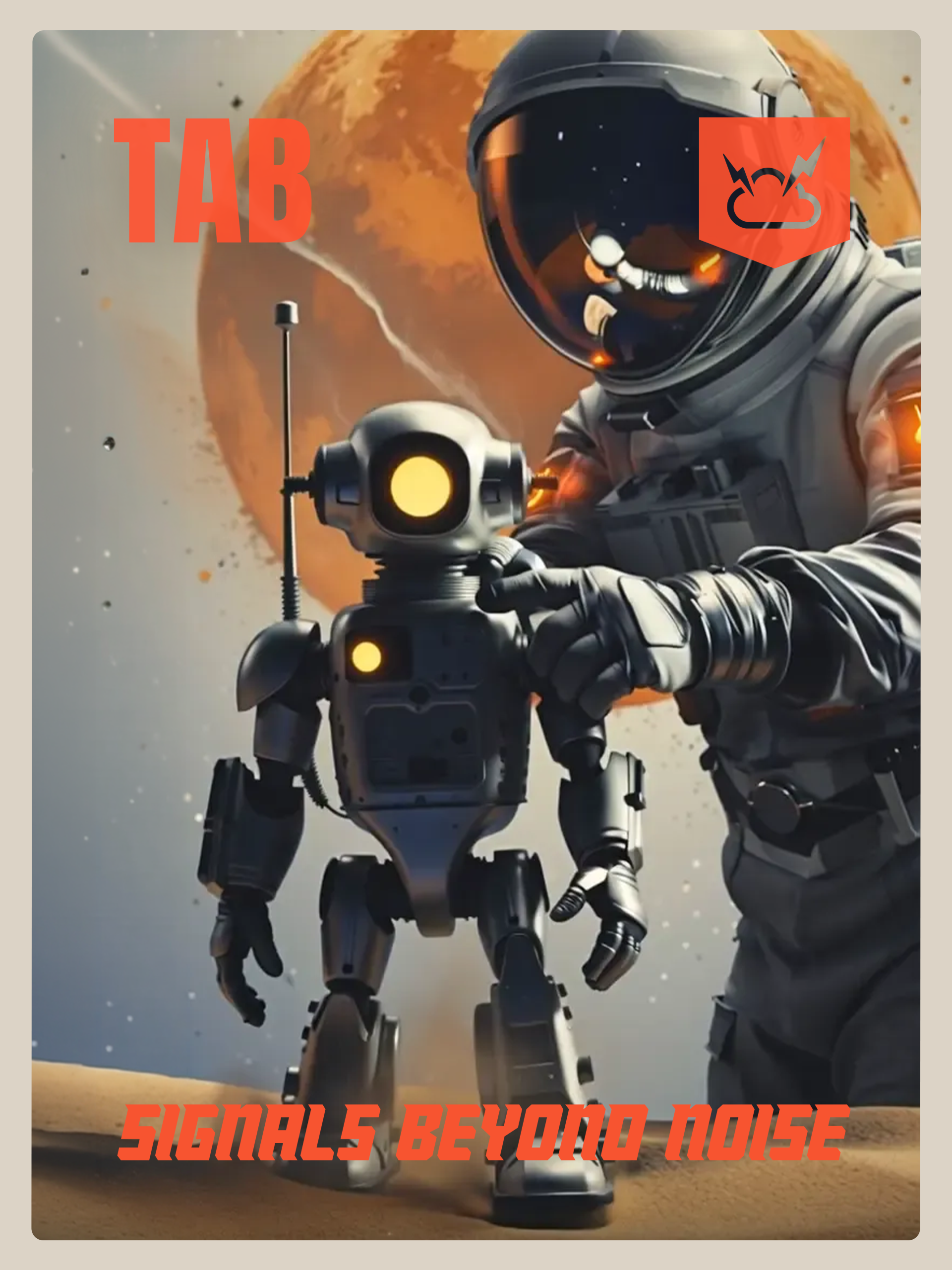 The Altitude Bulletin brand poster featuring an astronaut with a small robot against a large orange planet