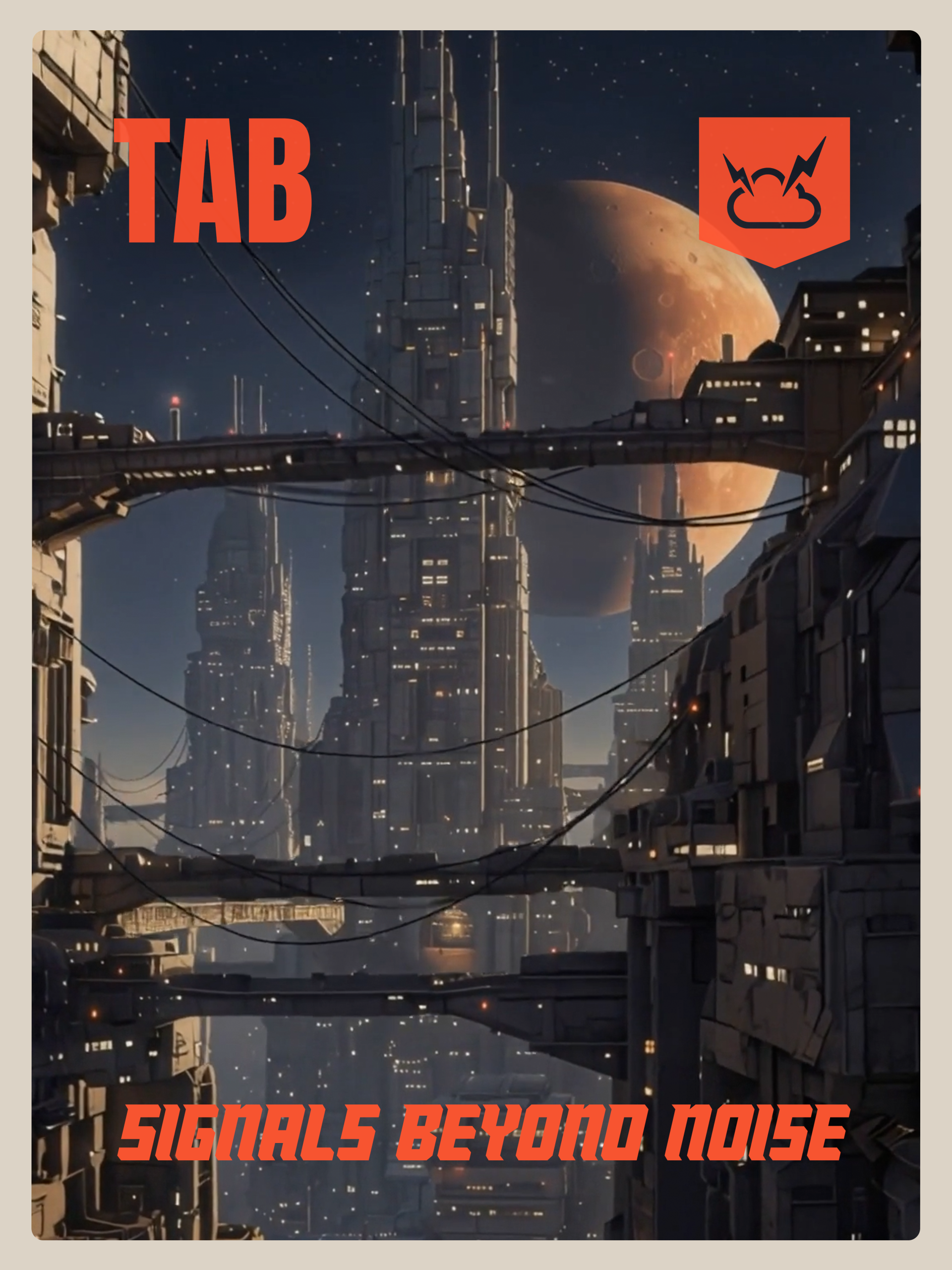 The Altitude Bulletin brand poster featuring a futuristic vertical city beneath a large orange planet