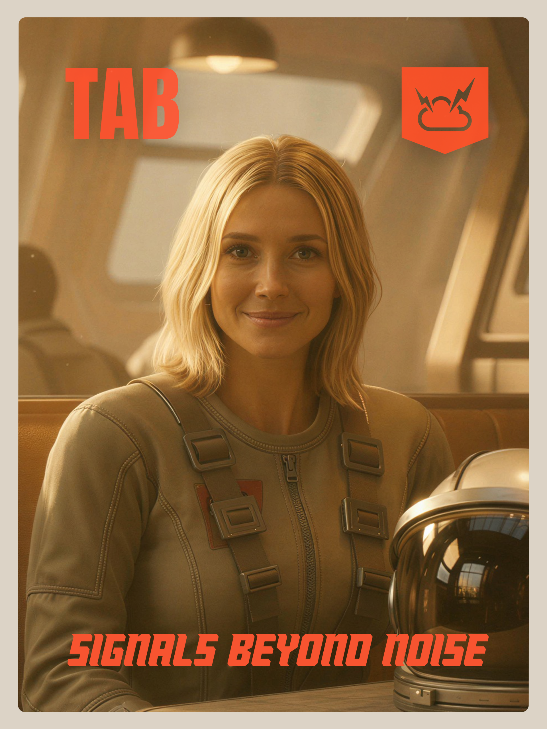 The Altitude Bulletin brand poster featuring a woman in a khaki flight suit seated beside an astronaut helmet
