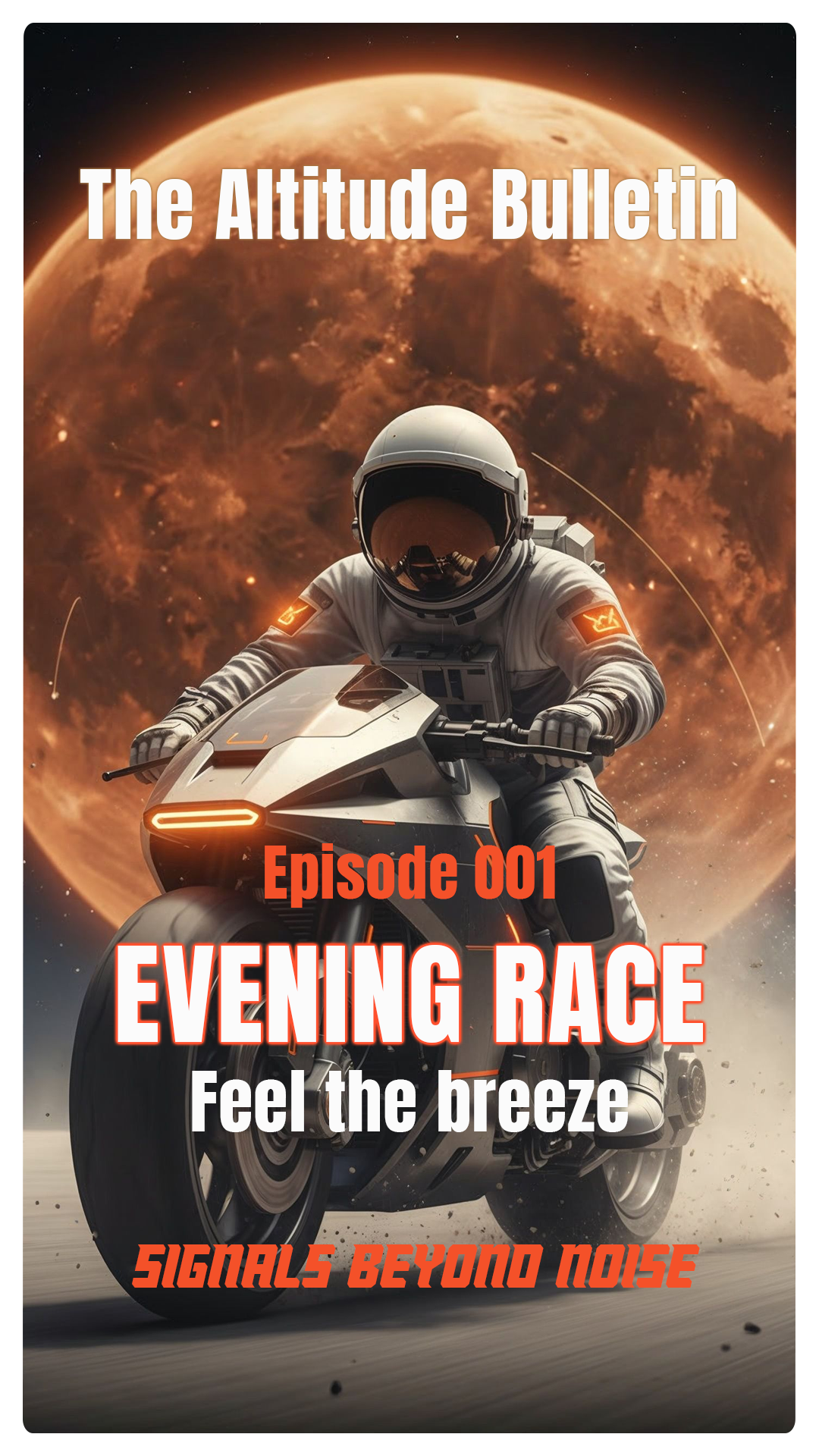 The Altitude Bulletin thumbnail featuring an astronaut riding a futuristic motorcycle against a large orange planet